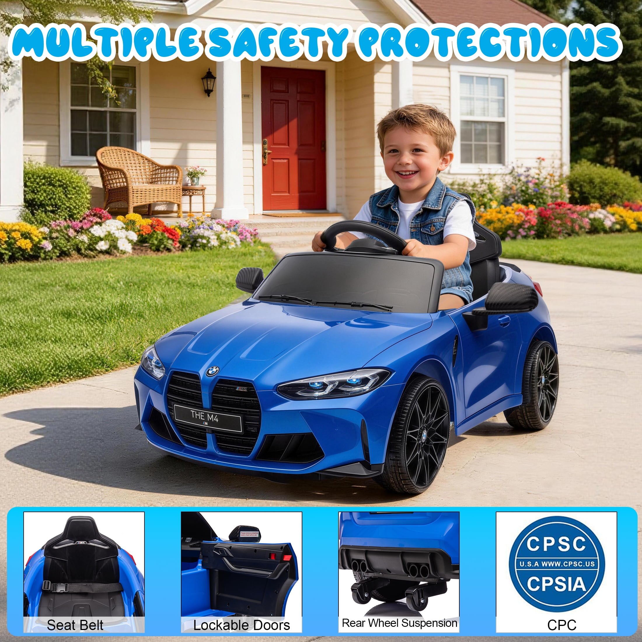 BMW M4 12V Kids Ride On Toy Car with Parents Remote, Electric Car with USB/MP3, Bluetooth, LED Light, Toddler Car with A Handle with Wheels and A Pull, Easy to Carry, Gift for Boys Girls 2-5, Blue