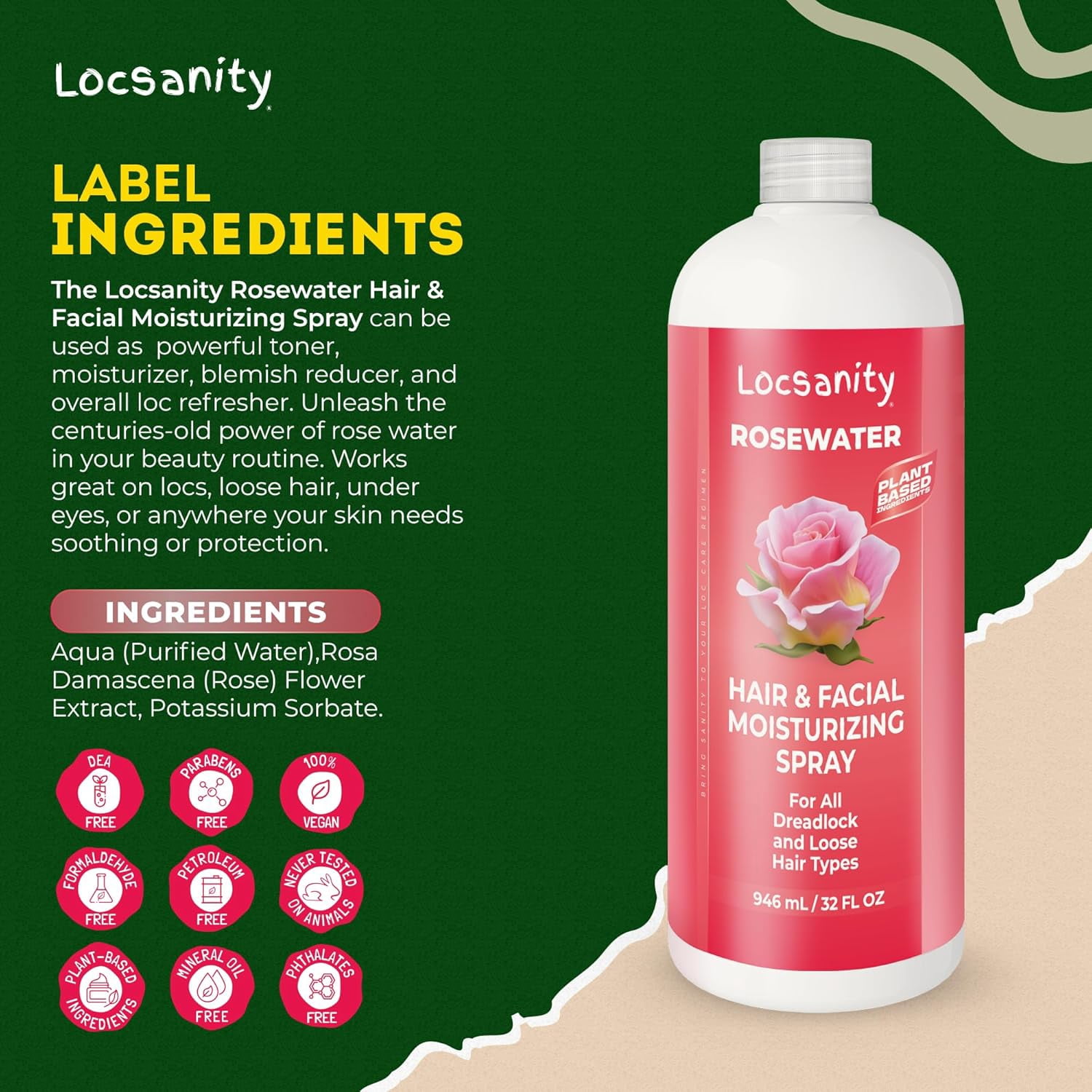 Locsanity Pure Rosewater Hair and Facial Spray – Jumbo Size Hydrating Face Mist to Soothe, Refresh, and Rejuvenate Skin, Reduce Oil and Buildup (32oz)