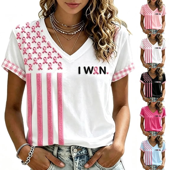 JULMCOMO Breast Cancer Awareness Shirts for Women I WON Pink Ribbon American Flag Gingham Cuff V Neck Graphic Tees Breast Cancer Loose Casual T Shirts White XL