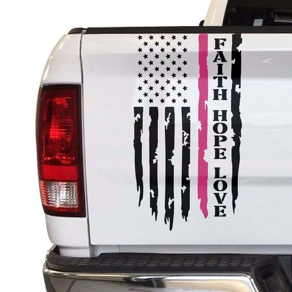Breast Cancer Awareness Thin Pink Line Flag Faith Hope Love Distressed American USA US Flag Truck Tailgate Vinyl Decal - Compatible with most Pickup Trucks (11" x 20", Black & Pink)