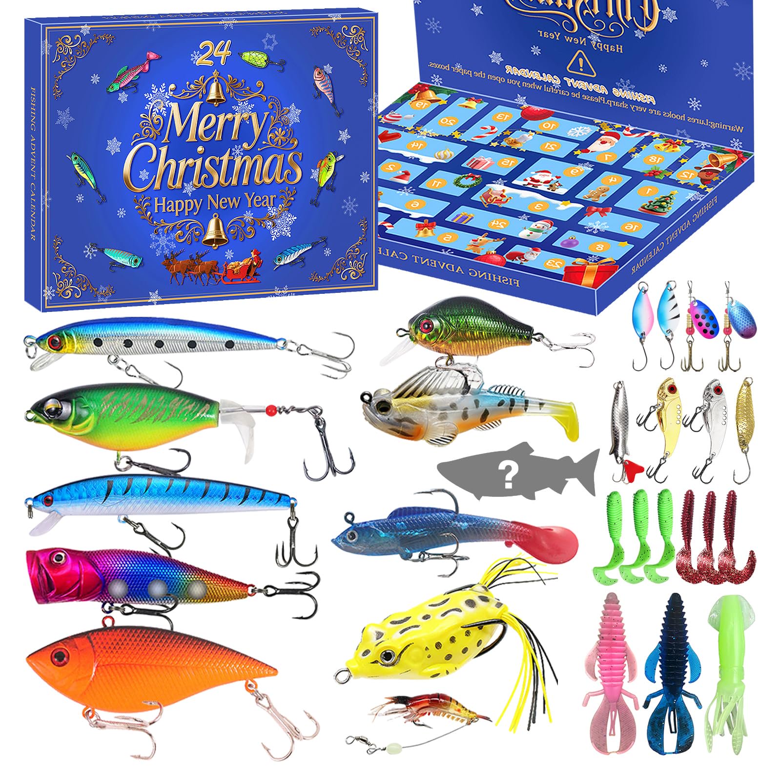 Fishing Lure Advent Calendar 24 Assorted Baits Popper Minnow Crankbait VIB Spoon Gift Box Christmas Countdown for Anglers