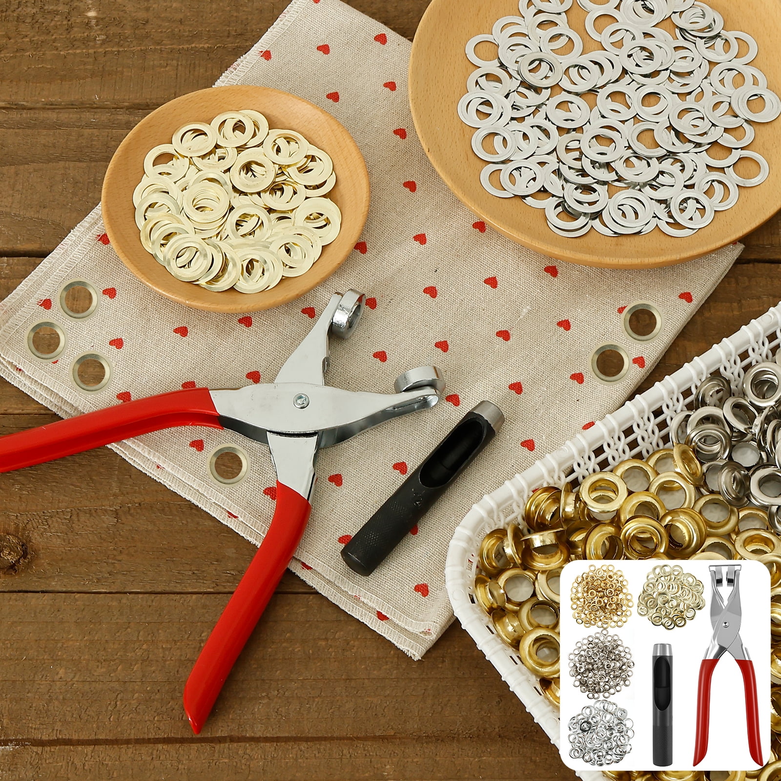 Grommet Tool Kit 1/4 Inch Eyelet Pliers Hole Punch 1200 Pcs Gold Silver Washers (640pcs )