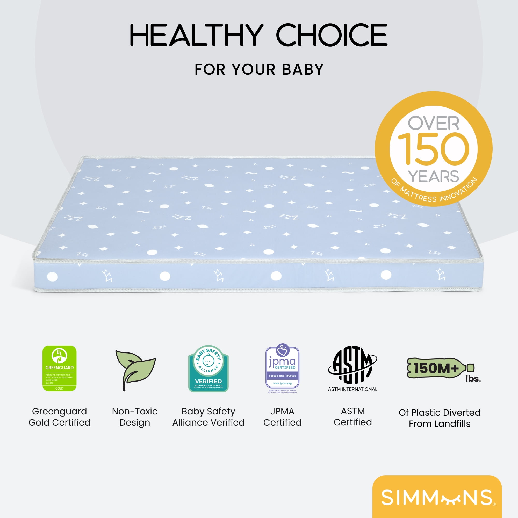 Simmons Kids Soothing Nights 3-inch Mini/Portable Crib Mattress - Sustainably Sourced Fiber Core - Waterproof - GREENGUARD Gold Certified - 5 Year Warranty | Does Not Contain Toxic Fire Retardants