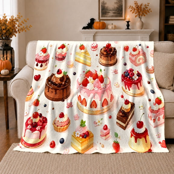 Whimsical Watercolor decorative motif Cakes Pattern, Festive Holiday Scene, Warm Flannel Blanket for Living Room and Family Room, Art Lovers Christmas Gift, Festive Home Decor