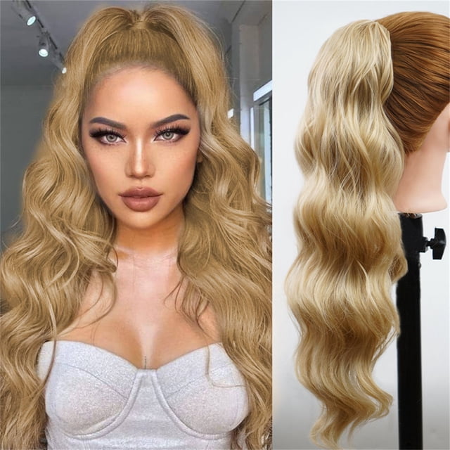 Jusqu'à 50 % de Réduction! Perruques Cheveux Humains, Extension de Queue de Cheval 24 Po Longue Queue Ondulée Naturelle Douce Extension de Cheveux Synthétiques pour Femmes Résistante à la Chaleur