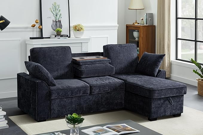 Howcool Sectional Sleeper Sofa,L Shaped Chenille Convertible Sofa Bed 85.5" 3 Seater with Flip-Down Center Console,Pull Out Couch for Living Room Apartment Office,Dark Blue