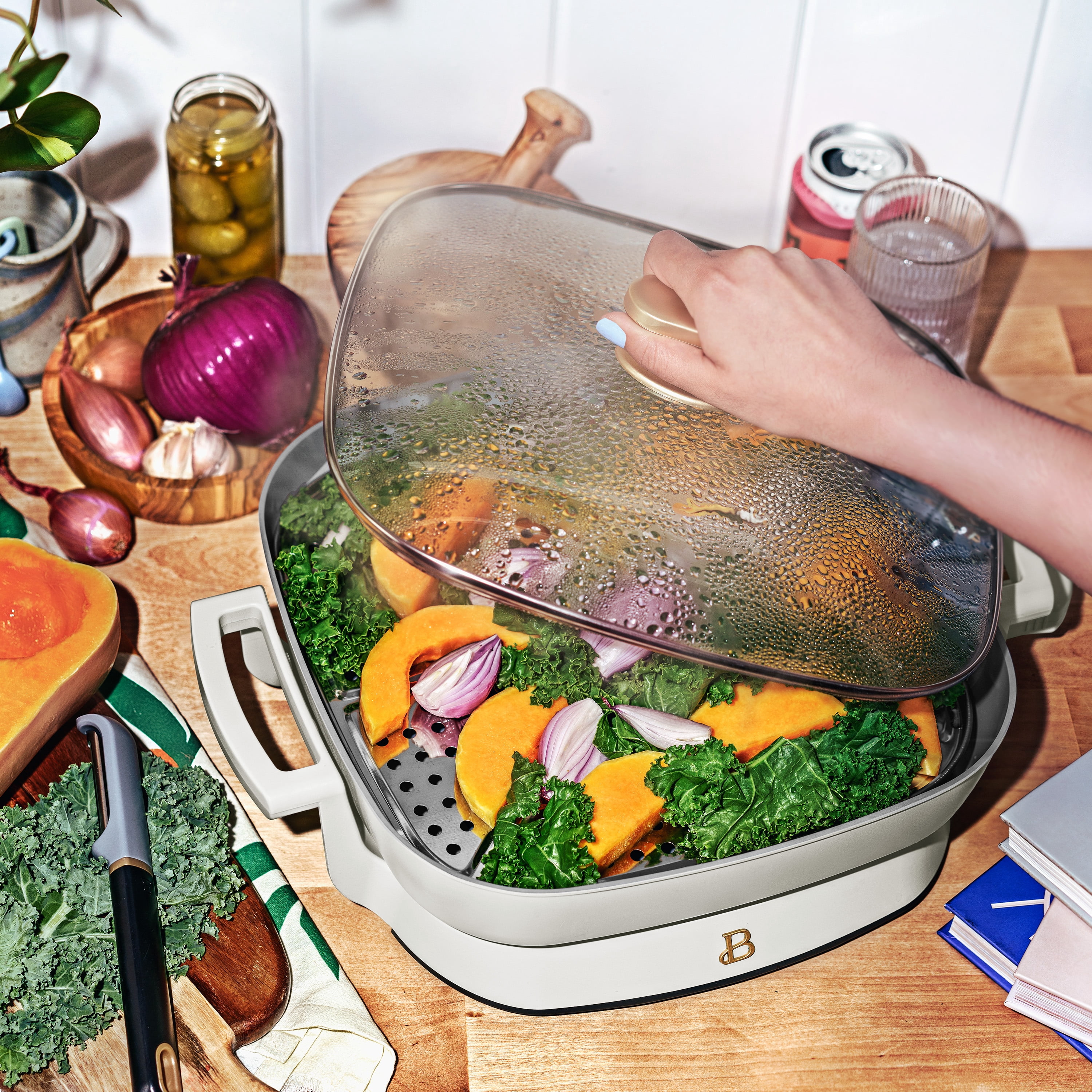 Beautiful 5 in 1 Electric Skillet - Expandable up to 7 Qt with Glass Lid, White Icing by Drew Barrymore