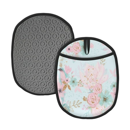 

2pcs Silicone Pot Mat Mitten Heat-Resistant Quilted Liner Oven Hot Pads With Pockets For Women Men Kitchen Cooking Bbq Baking Floral Pattern Blue Bird