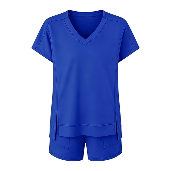Women's Summer 2 Piece Outfits V Neck Short Sleeve Top and Drawstring Shorts Set with Pockets