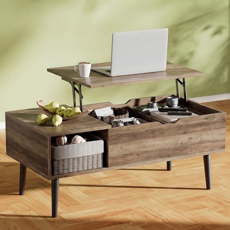 Kelno Lift Top Coffee Table with Hidden Storage Adjustable Height Wood Center Table with Shelf,Wood Gray