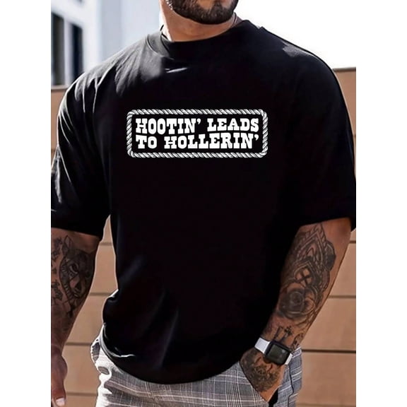 100% Cotton Hootin' Leads To Hollerin Western Country Rodeo Men Cowboy T-Shirt Men Graphic T-Shirt Cotton Print Short Sleeve Casual Top, Summer Tee Mens Tops