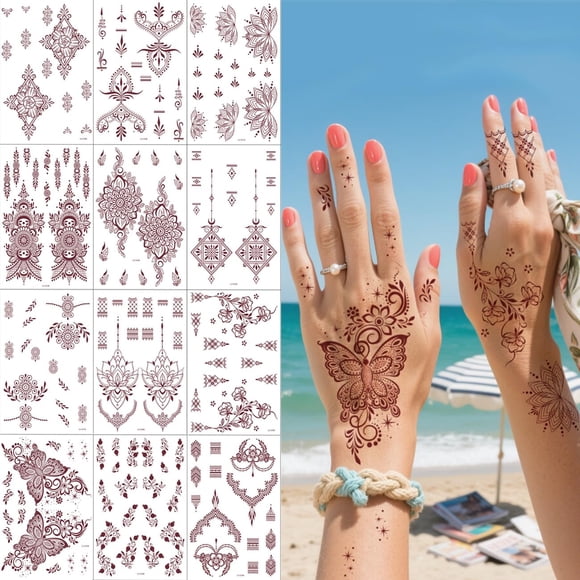 Kit de Tatuajes Temporales de Henna Marrón XMASIR - 12 Hojas Impermeables