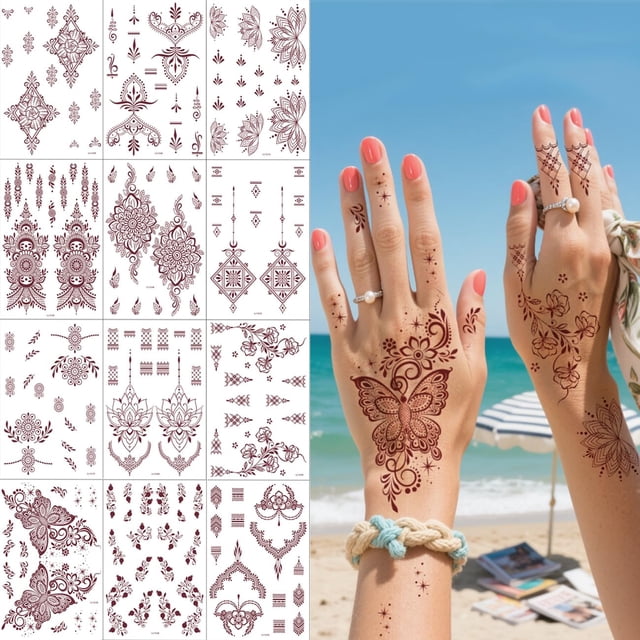 Kit de Tatuajes Temporales de Henna Marrón XMASIR - 12 Hojas Impermeables