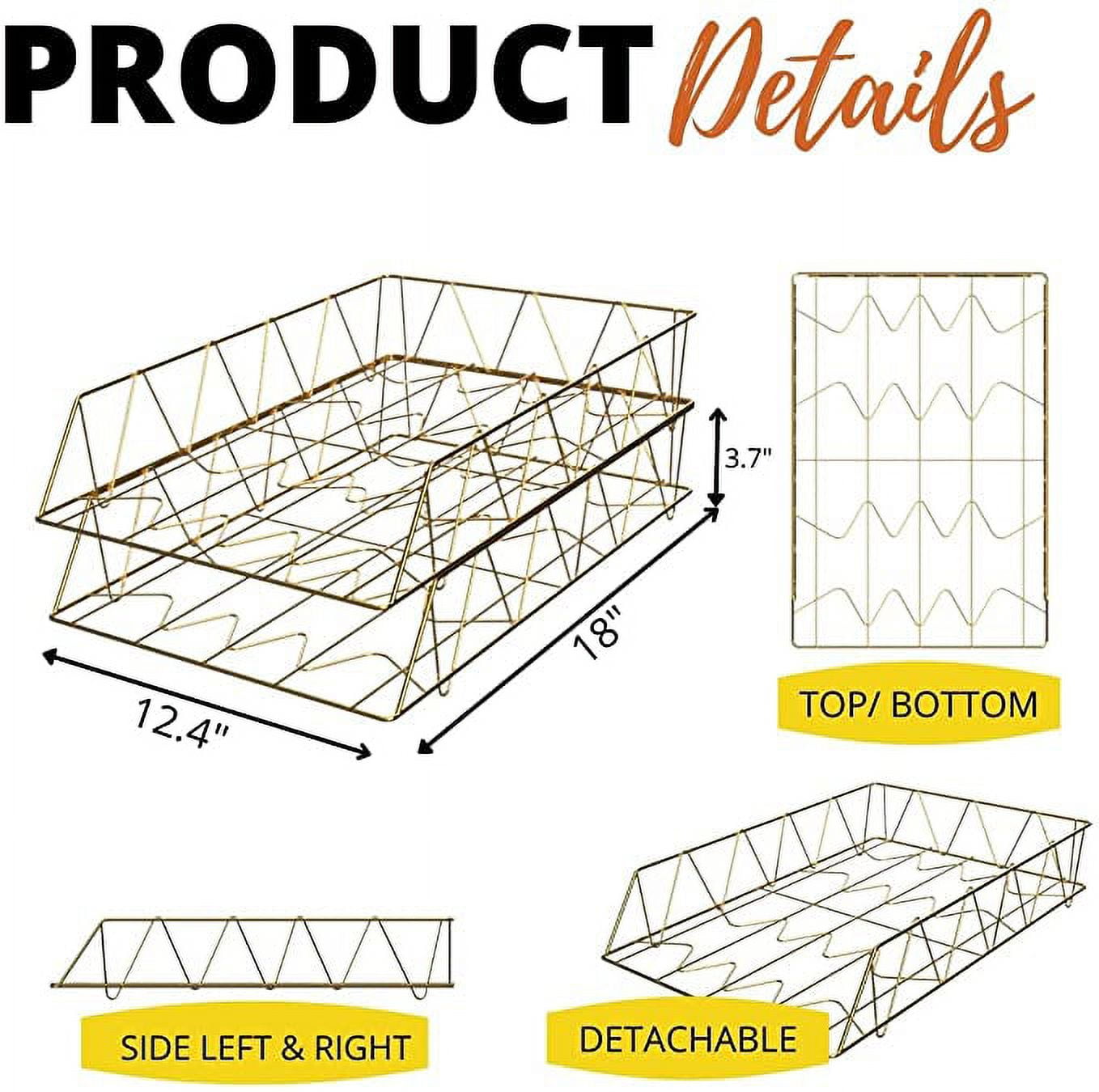 2 Pack of Gold Stackable Wire Desk Trays with Brass Finish, Paper Tray Organizer for Desk, Multifunctional File Document Holder and Storage for Office Desktop Organization and Accessories