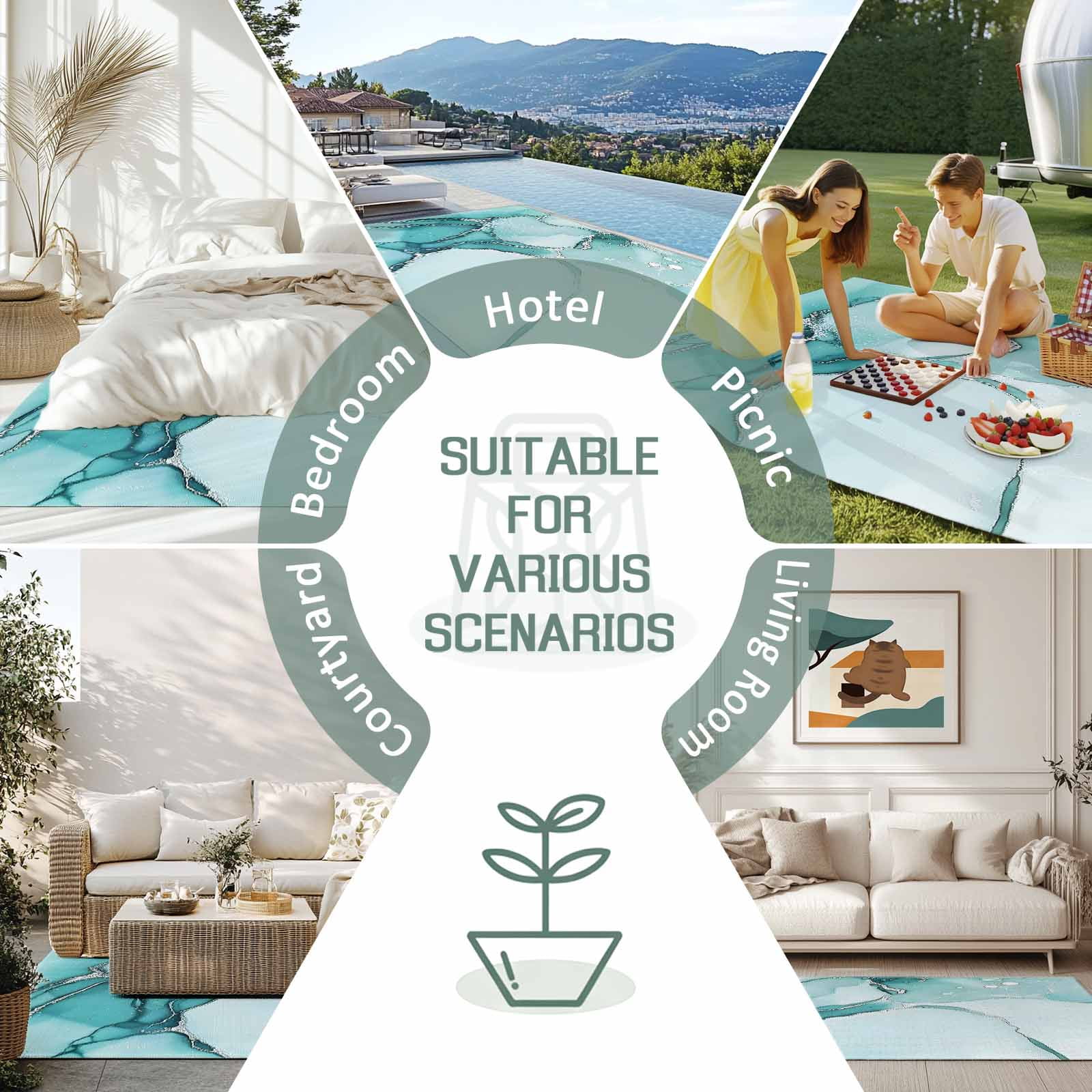 Outdoor Rug 5x8ft Ombre Turquoise White Marble Texture Large Area Rug Abstract Art Indoor Outdoor Carpet Outdoor Rugs Mats for Patio Camping,RV,Front Door, Outside Decor