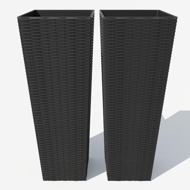 All-Weather Black Rattan Planter Set of 2 , Two 32" Tall Outdoor Plant Pots, Removable Liners, Drainage Holes, Garden Flower Pots for Patio, Porch, Backyard