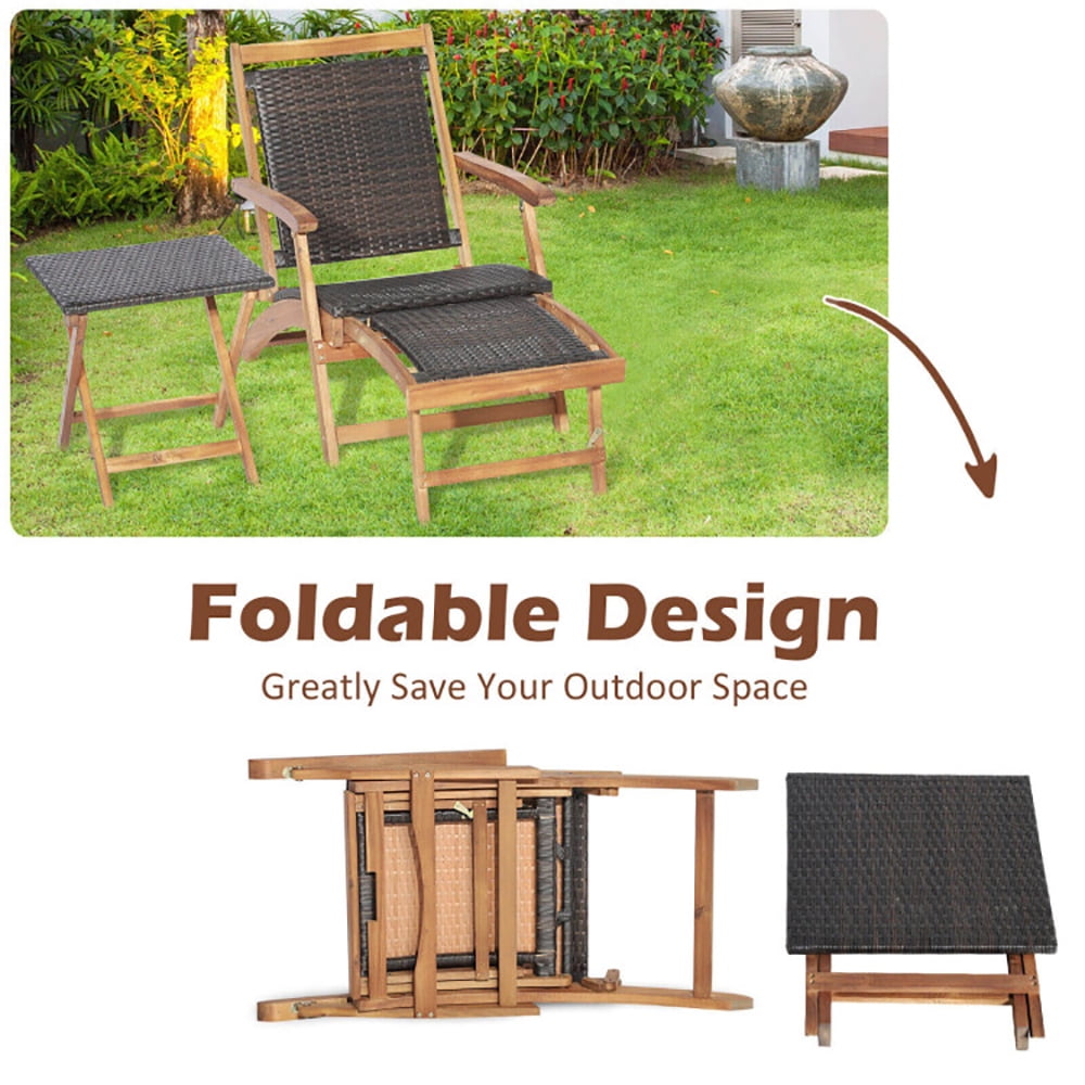Aimee Lii 2 Pieces Patio Rattan Folding Lounge Chair with Acacia Wood Table, Patio Loungers Aimee Lii 2 Pieces Patio Rattan Folding Lounge Chair with Acacia Wood Table, Patio Loungers