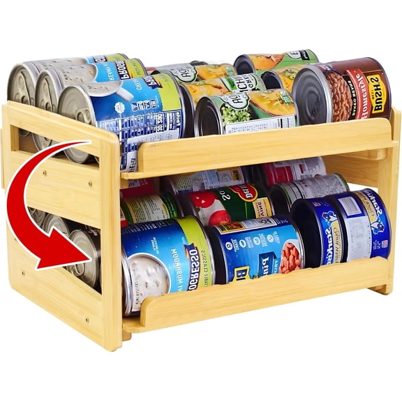 Adjustable Can Organizer Rack, Two Tier Bamboo Stackable FIFO Cans Dispenser, Modern Style, Countertop, Assembly Required, Anti Shedding