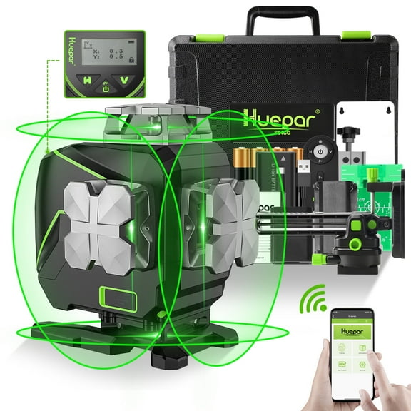 Huepar 4D 16 Lines Cross Line Laser Level 4 x 360 Green Beam Self-Leveling Lasers Level Tools with LCD Screen and Bluetooth