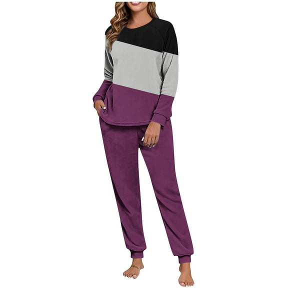FNFYFH Womens Color Block Sweatsuit Fleece 2 Piece Outfit Long Sleeve Crew Neck Pullover and Jogger Set Soft Pajamas Sets