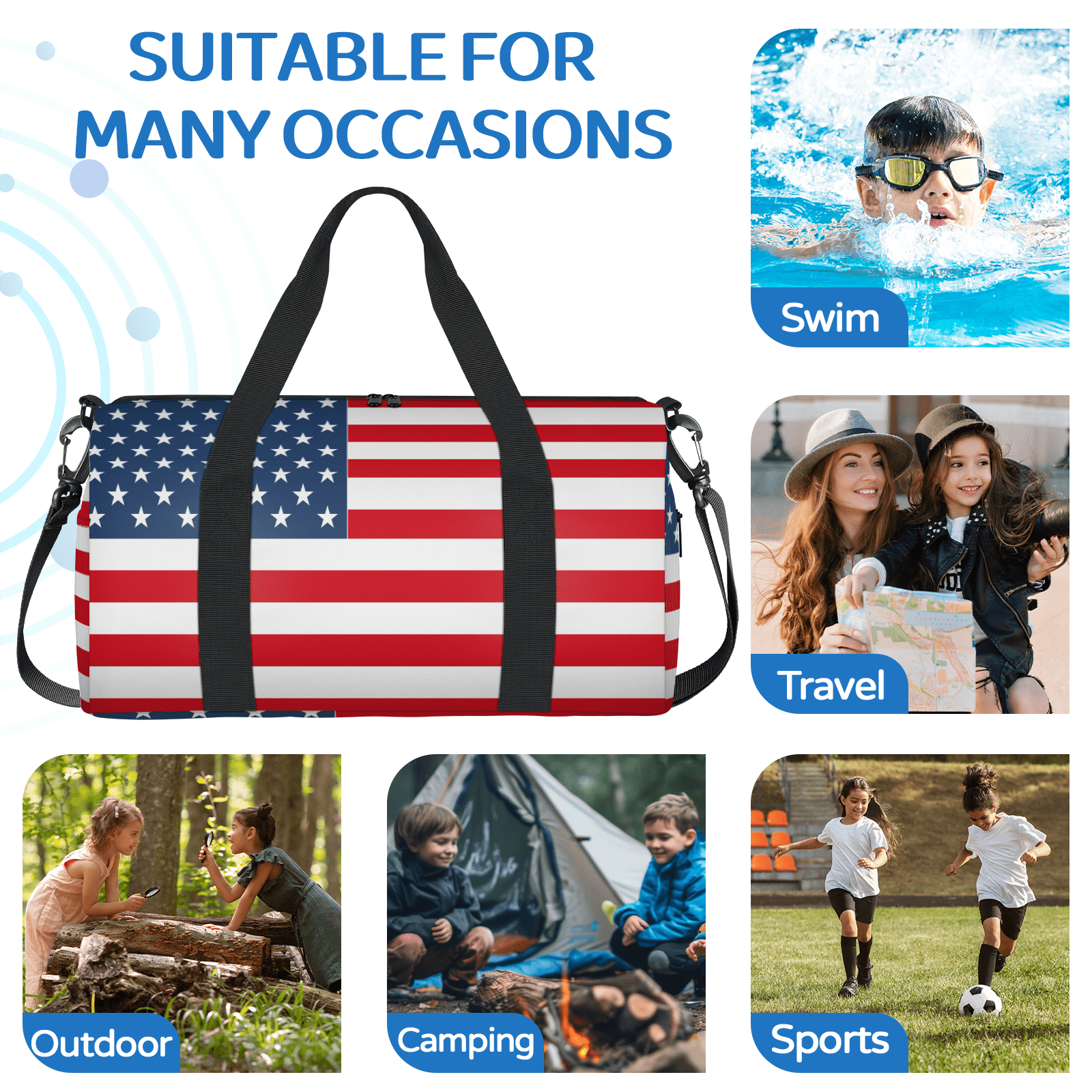 Herdesigns American Flag Travel Duffle Bag Sports Yoga Weekender Overnight Carry on Workout Bags Lightweight Waterproof Gym Tote Bag for Women