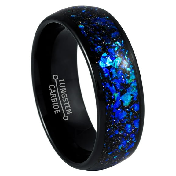 8mm Mens Black Tungsten Wedding Band, Blue Opal & Abalone Fragments Inlay Dome Ring - TN1055WAs14