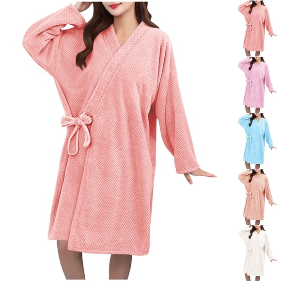 Feancey Fleece Bathrobes for Women Long Sleeve Quick Dry Spa Robe Knee Length Casual Housecoat Cozy Soft Belted Robes Loungewear Khaki L
