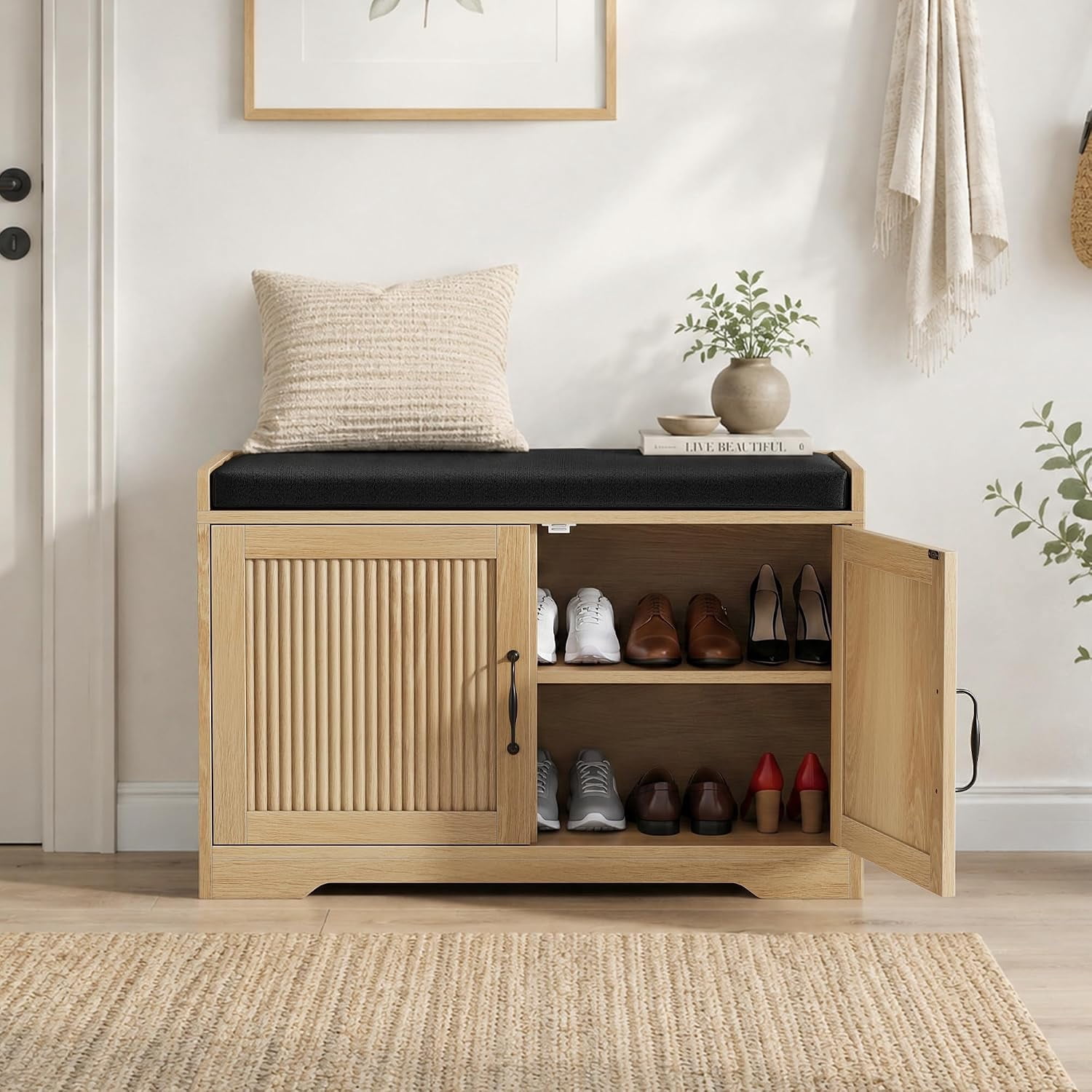 31.5" Entryway Shoe Storage Bench with Cushion Seat, Double Doors, Oak