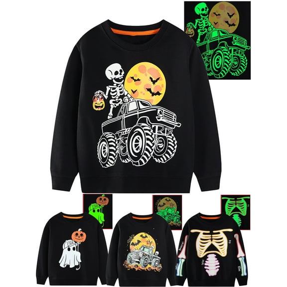 HWJAD Toddler Baby Halloween Glow in the Dark Tops Boy Skeleton Sweatshirt Crewneck Pullover Sweater Long Sleeve Shirt Fall Clothes 2-7 Years