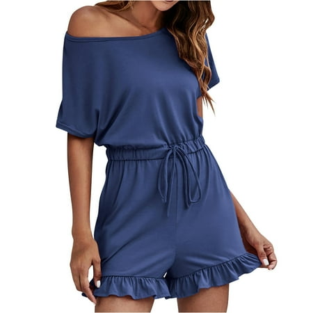

REORIAFEE Rompers for Women Casual Round Neck Short Sleeve With Pocket Shorts Jumpsuit Slanted Shoulder Wear Blue S