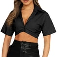 thumbnail image 1 of Fiudx Ofertas Flash Del Día Solo En Línea Camisa Pequeña Informal de Moda para El Ombligo, Recortada con Solapa de Pecho Bonito, Color Sólido, Poliéster y Algodón de Manga Corta de Verano., 1 of 4