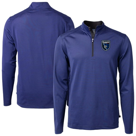 Men's-Cutter & Buck  Blue San Jose Earthquakes Virtue Eco Pique Micro Stripe Recycled Quarter-Zip Top