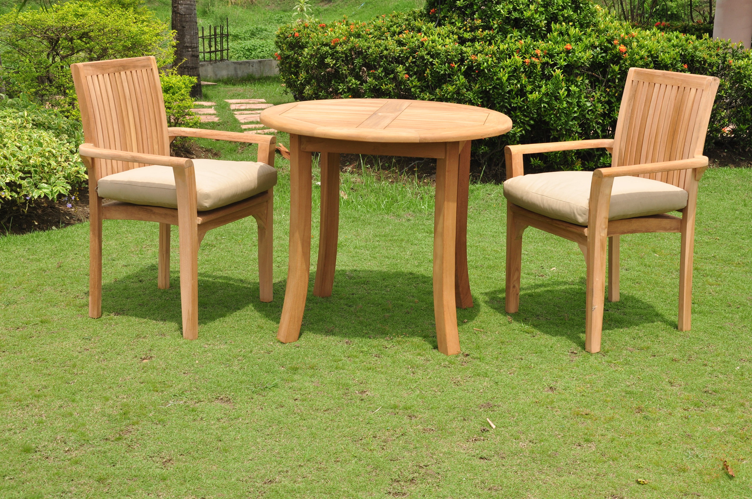 Teak Dining Set:2 Seater 3 Pc -36" Round Table And 2 Lua Stacking Arm Chairs Outdoor Patio Grade-A Teak Wood WholesaleTeak #WMDSLU1 - image 4 of 4
