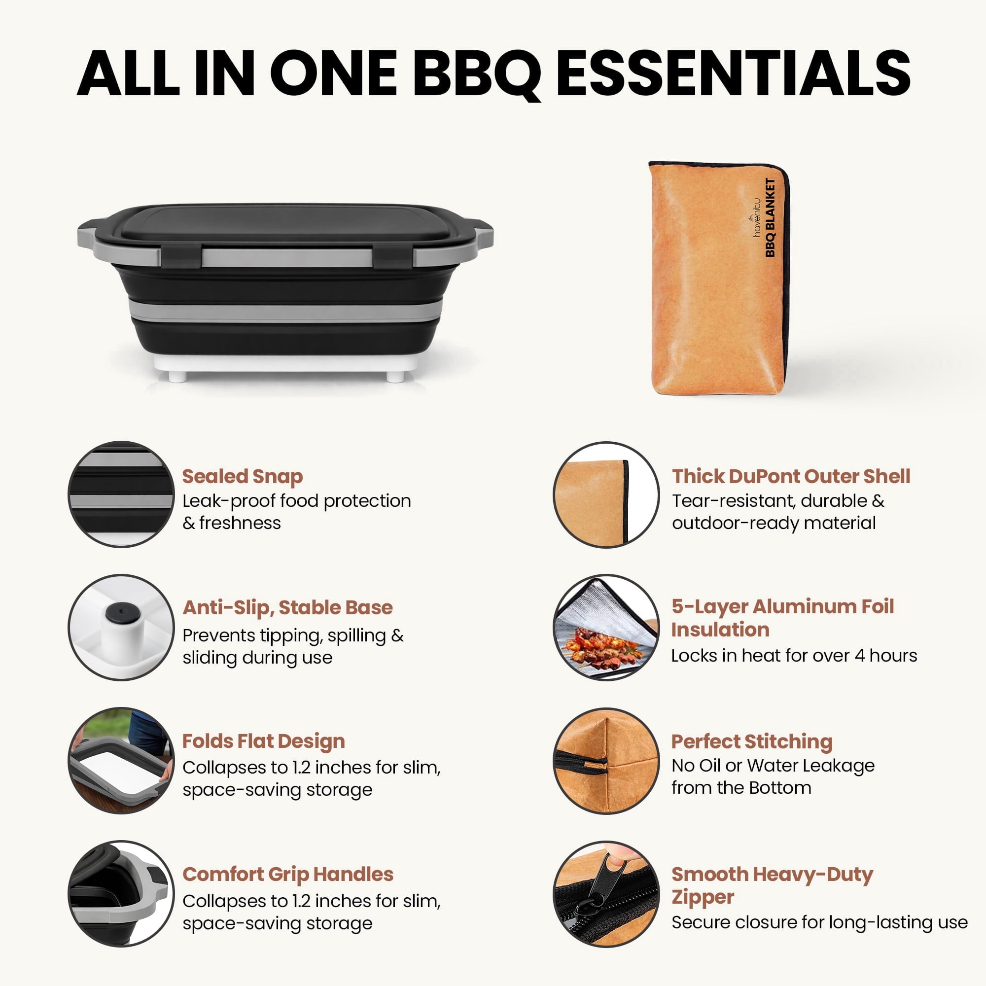 Havenity BBQ Prep Tub 16L - Multifunctional Collapsible Camping Cutting Board with Upgraded Locking lid, Meat Storage Container for Meal Prep, XL with BBQ Blanket