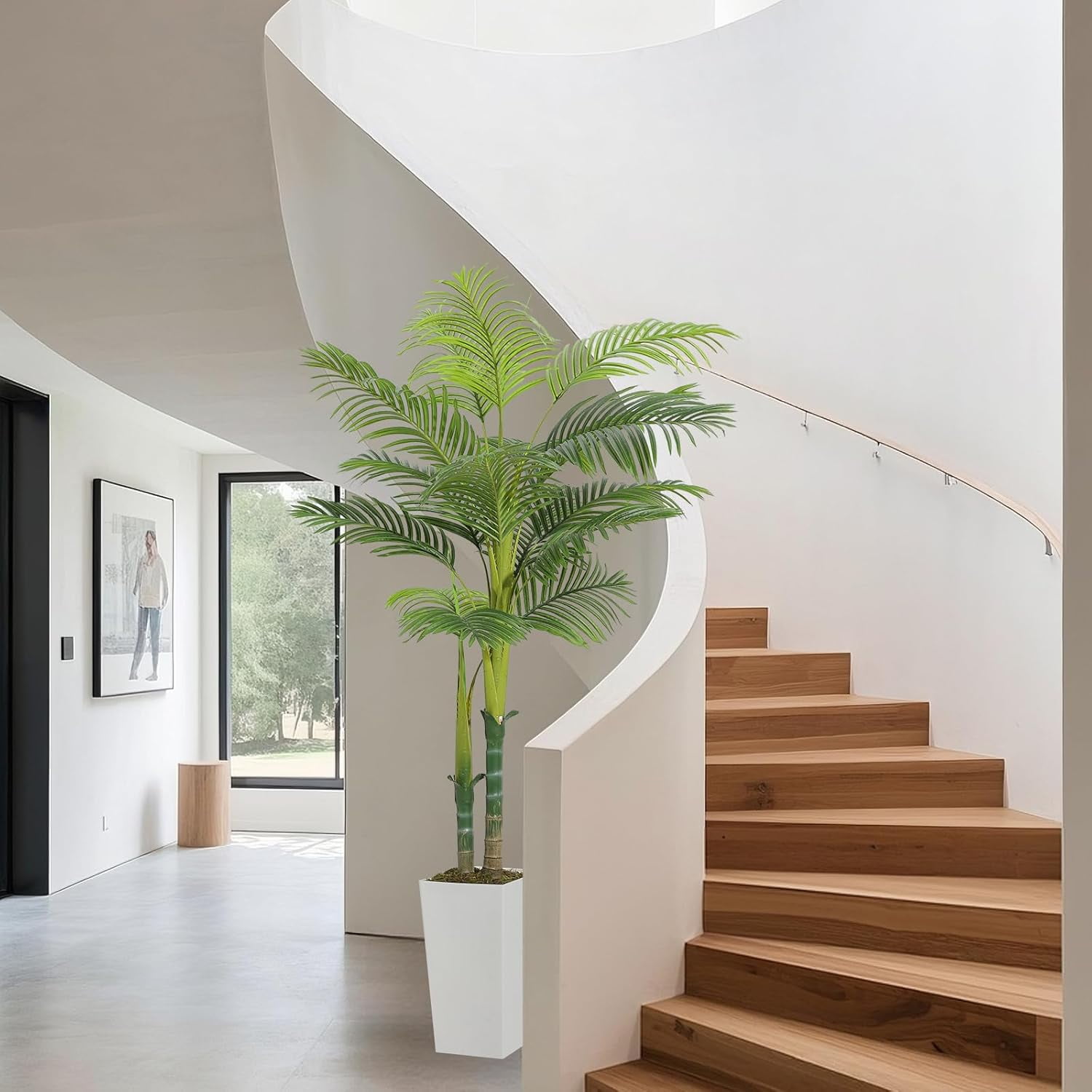 5FT Artificial Palm Tree Indoor Outdoor - 60 Inch Fake Silk Palm Plant with Realistic Fronds & 2 Trunks, White Tall Planter with Concrete Base & Faux Moss, Home Decor for Living Room, Office, Hotel