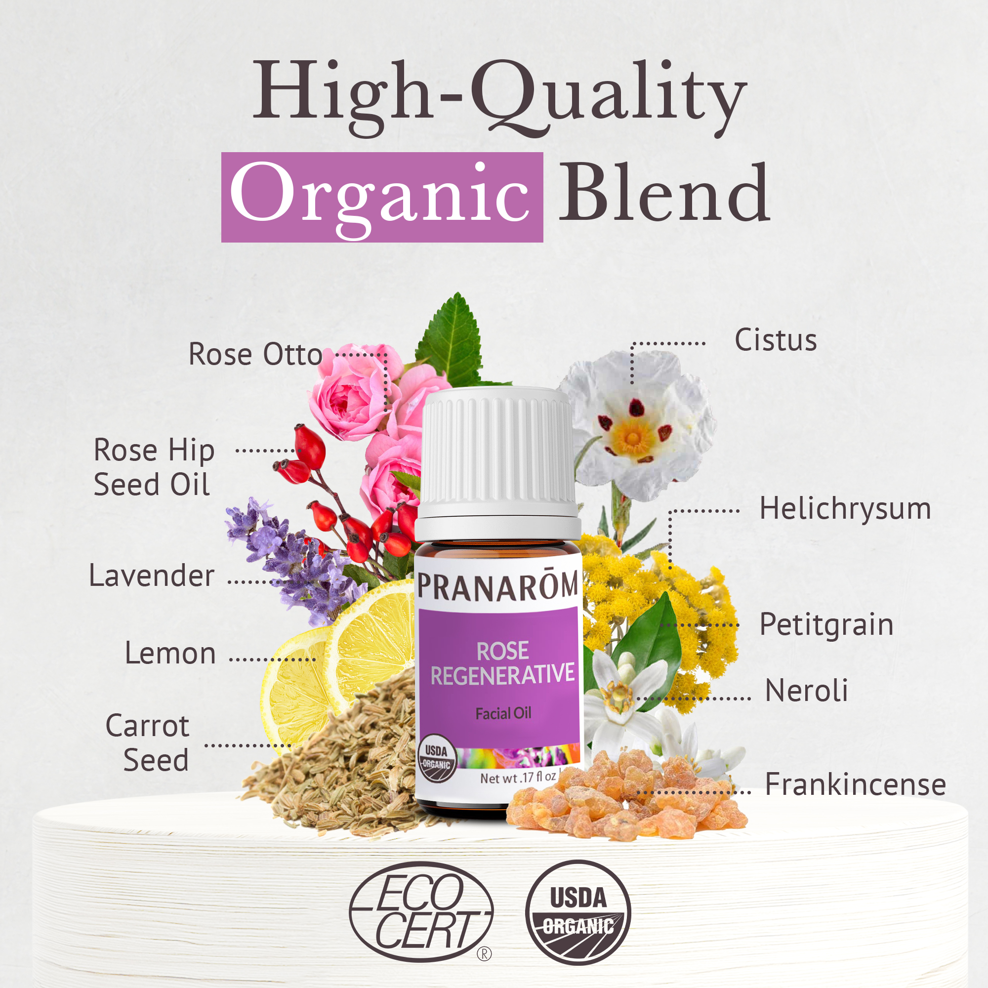 Pranarom - Rose Regenerative Facial Essential Oil Blend (5ml) - Lavender, Rosehip Seed, Frankincense, and Lemon - 100% Pure Essential Oil for Skincare | USDA and ECOCERT Certified Organic