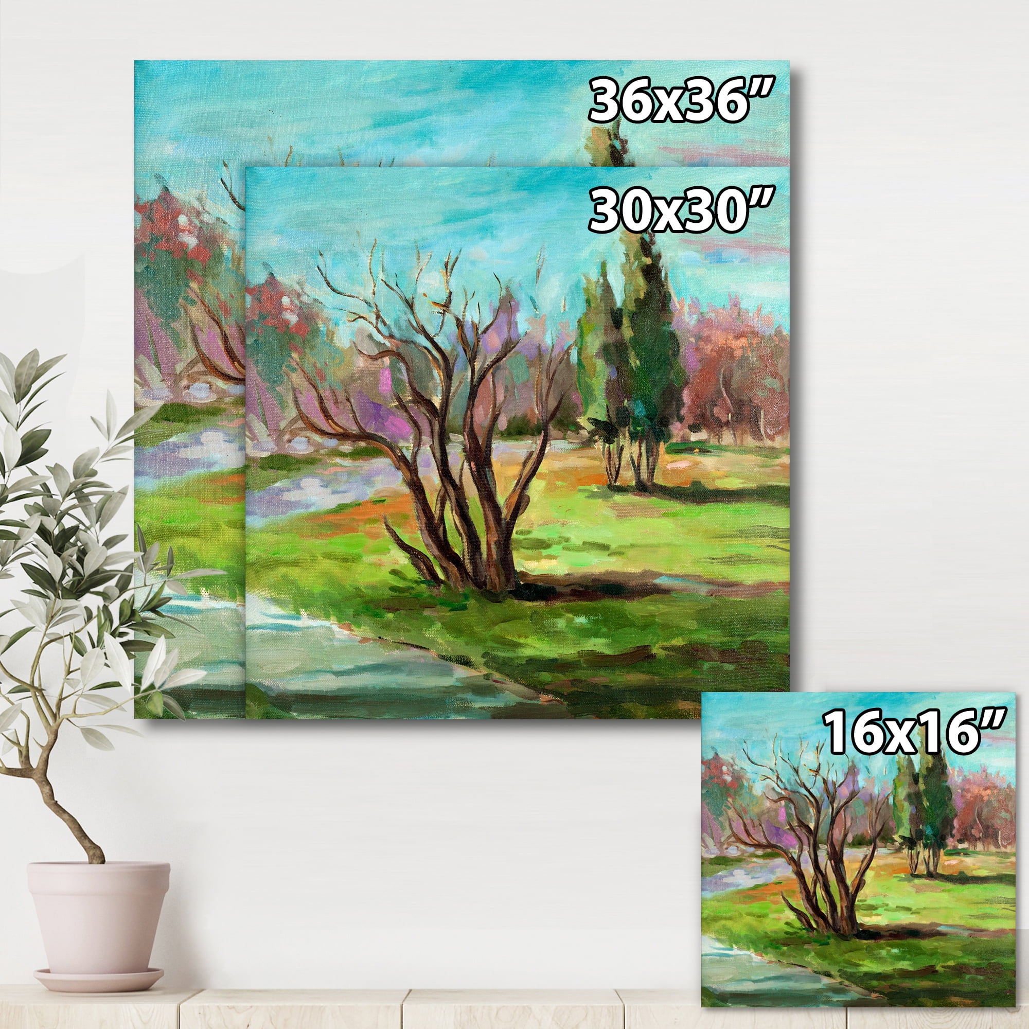 Designart ' Two Distant Trees In A Vibrant Green Landscape ' Traditional Canvas Wall Art Print