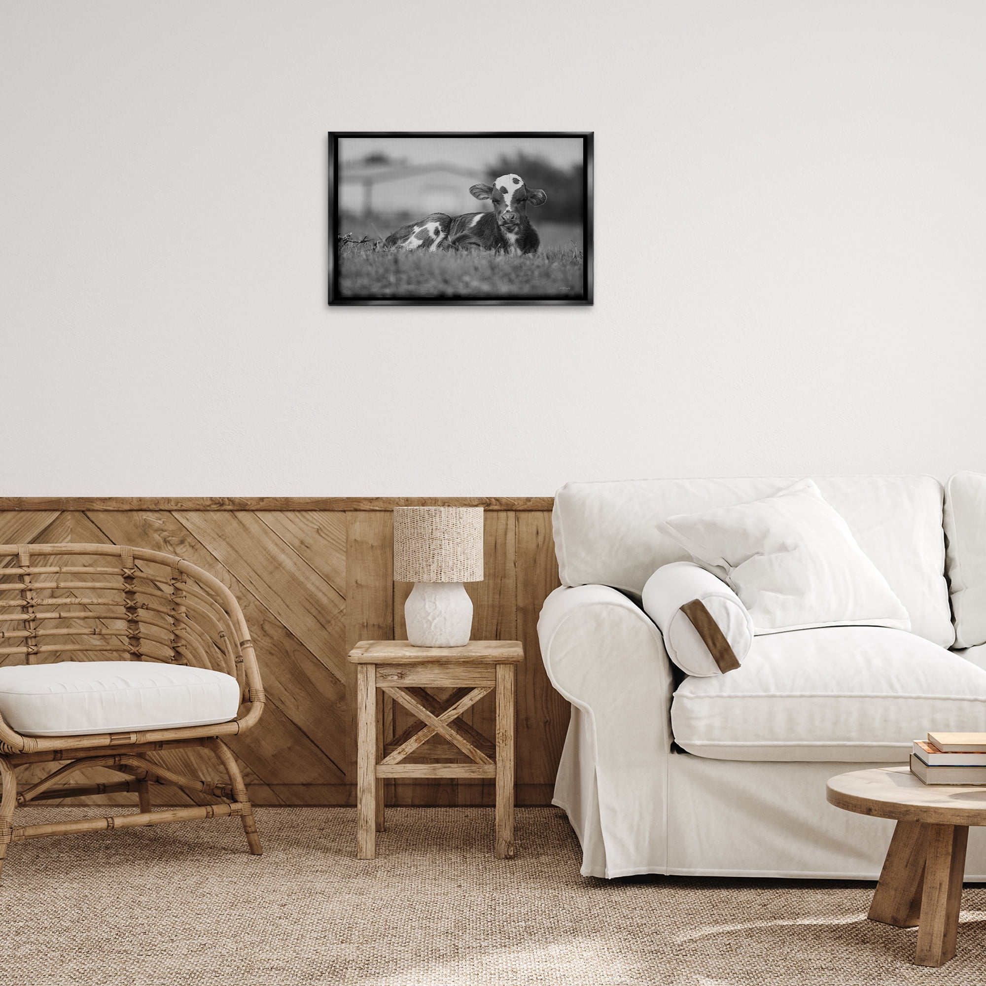 Stupell Industries Resting Cow in Grass Animals & Insects Photography Black Floater Framed Canvas Art Print Wall Art, 25 x 17