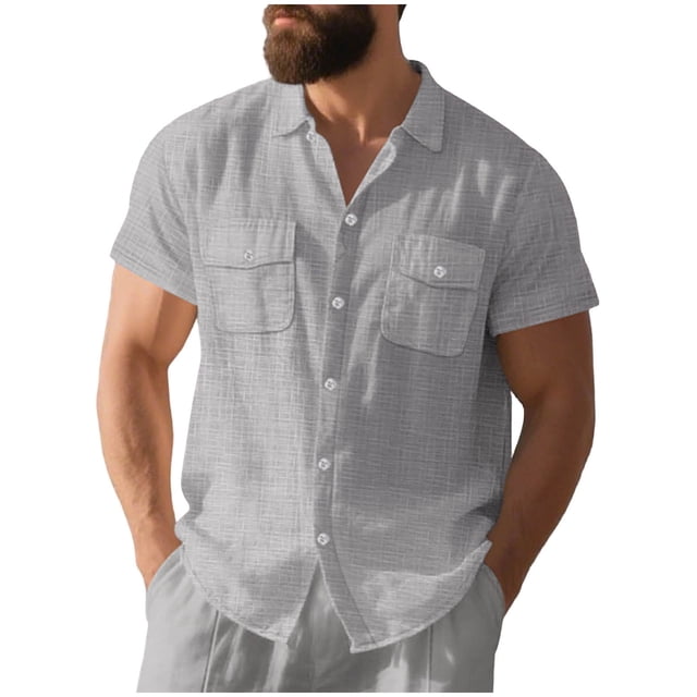 Camisetas de Manga Corta con Botón de la Solapa de los Hombres de Ajuste Suelto Cardigan de Bolsillo Moda Superior Verano Casual
