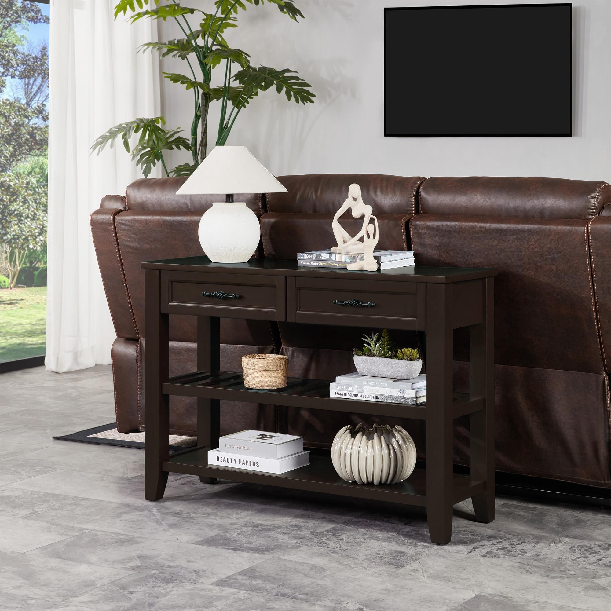 Howcool Retro Console Table with 2 Open Shelves, Pine Solid Wood Frame for Living Room, Light Coffee