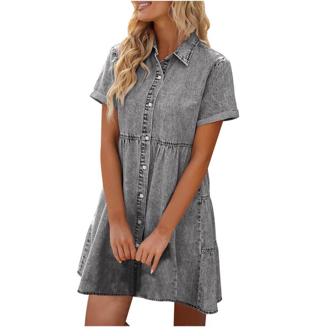 Birdeem Robe Décontractée Mode Printemps et Été Manches Courtes Col à Revers Hauteur Genou pour Femmes