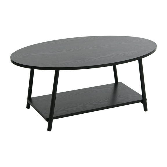 Household Essentials Jamestown Oval Coffee Table with Storage Shelf Black Oak Wood Grain and Black Metal