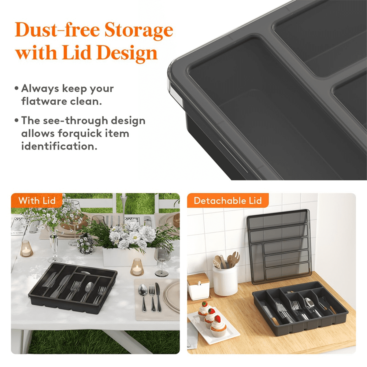 Silverware Organizer with Lid,Covered Utensil Tray for Kitchen Drawer and Countertop, Plastic Cutler Black PP