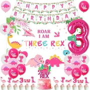 Pink Dinosaur 3rd Birthday Decorations for Girls, Roar Im Three Rex Backdrop Cake Toppers, Happy Birthday Banner Balloons Third Bday Party Supplies