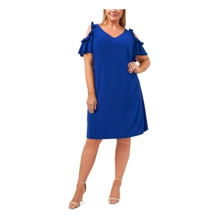 

MSK Womens Blue Stretch Cold Shoulder Ruffled Pullover Styling Jersey Knit Flutter Sleeve V Neck Above The Knee Party Shift Dress Plus 1X