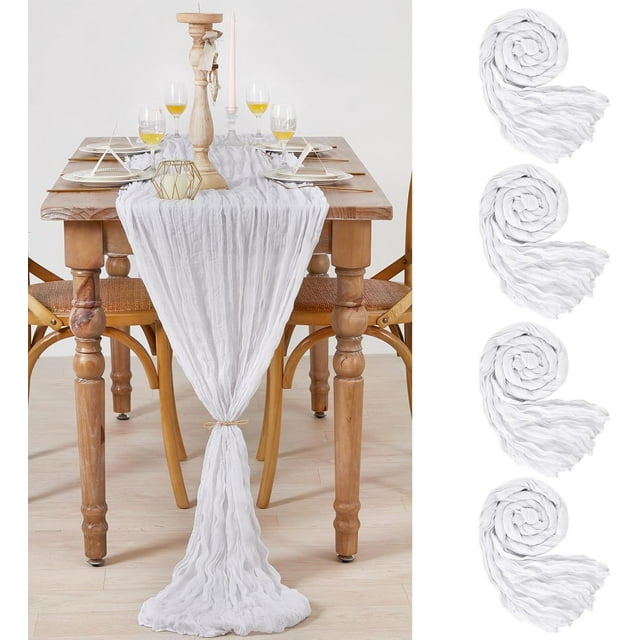 Boho White Cheesecloth Table Runner 4 Packs 36x120 Inches Romantic Gauze Table Runner for Home Party Birthday Wedding Reception Dining Table Decoration