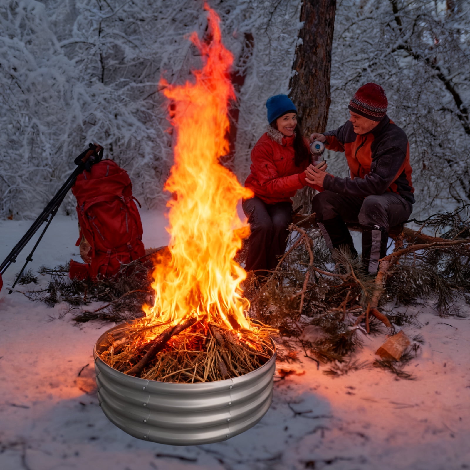 Jacgood 3FT Diameter Camp Fire Ring Pit, Large Round Galvanized Steel Fire Pit, Heavy Duty Steel Fire Pit Silver for Backyard, Camping, Bonfire，35in Diameter