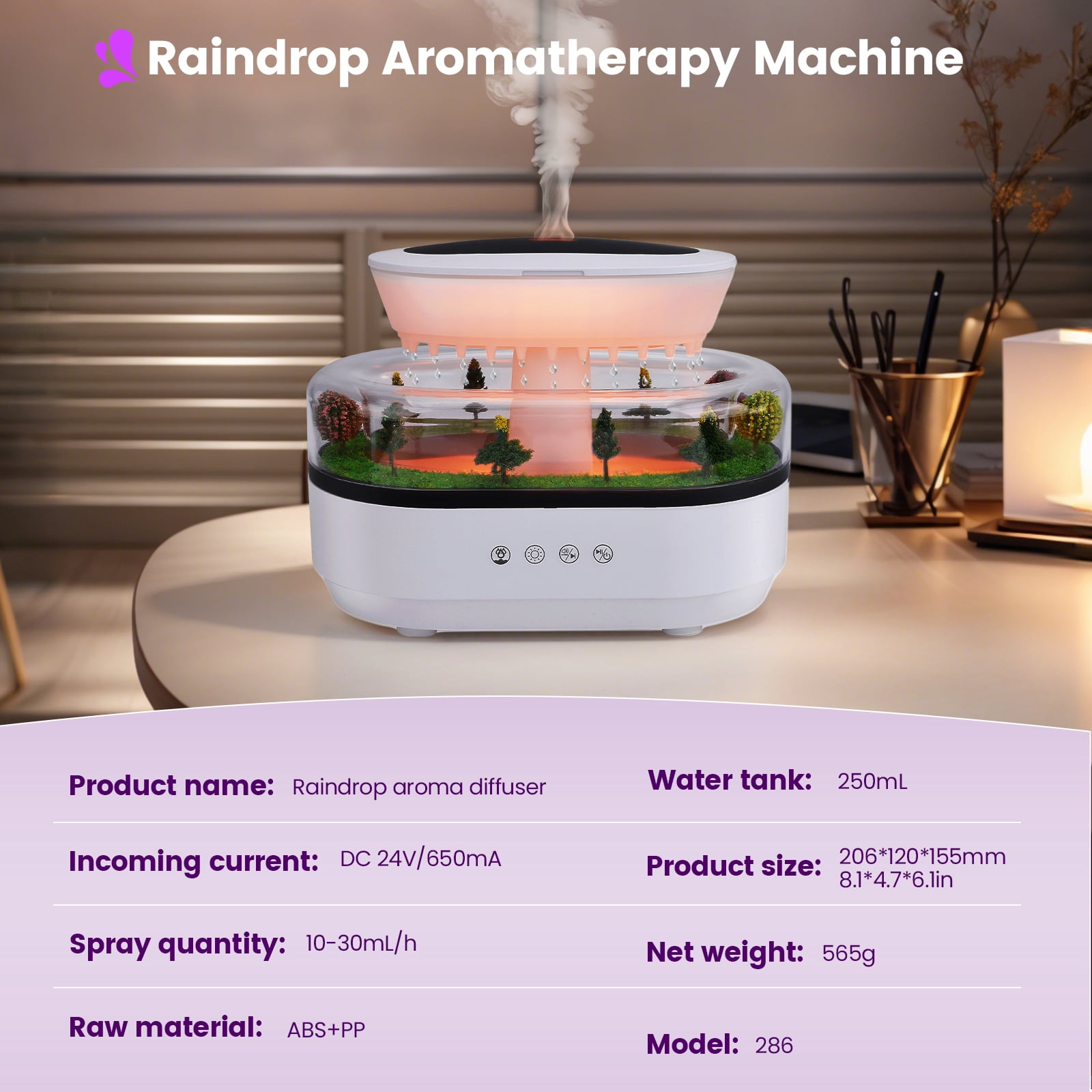 FANCYBANT Oil Diffuser Air Humidifier 250ml Essential Oil Diffuser,7 Colors Rain Aroma Diffuser with White Noise,Room Diffuser for Home,Office,Gift,White