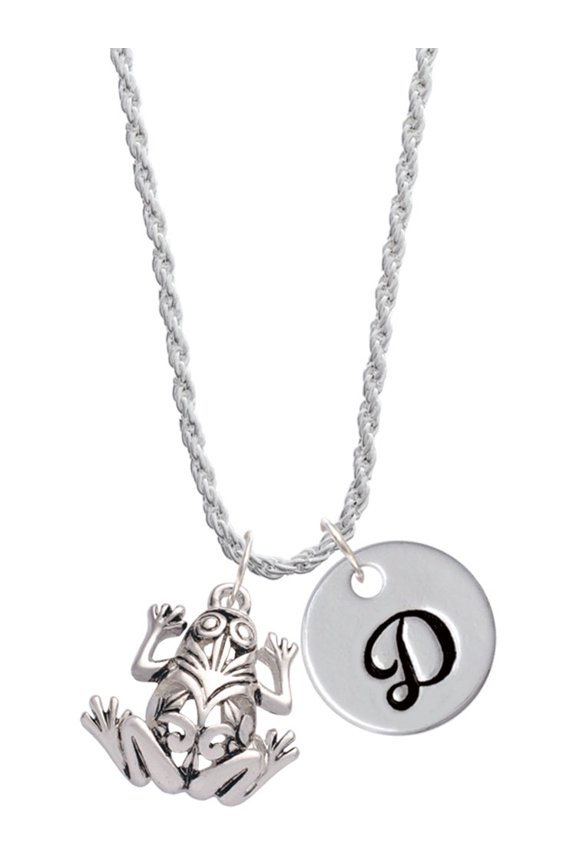 Silvertone Large Filigree Frog Silvertone Script Initial Disc - D - Charm Necklace, 20"+3"