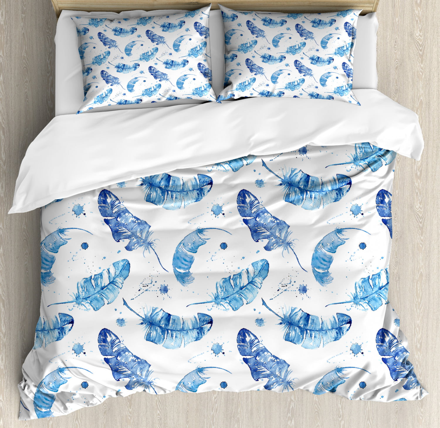 Feather King Size Duvet Cover Set Watercolor Quill Design With